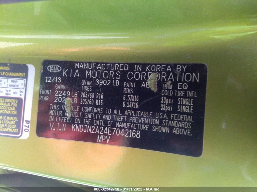 2014 KIA SOUL BASE KNDJN2A24E7042168