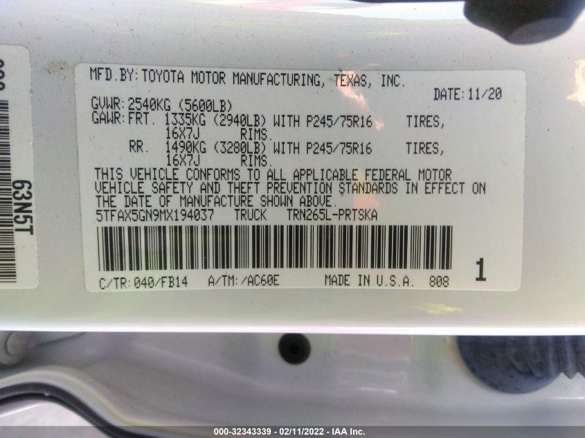 2021 TOYOTA TACOMA 2WD SR/SR5 5TFAX5GN9MX194037