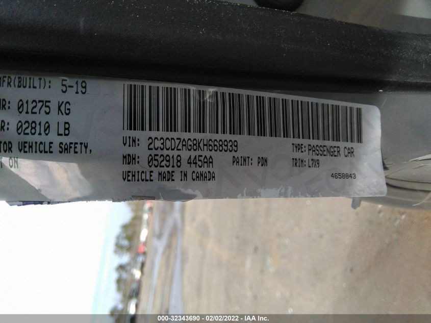 2019 DODGE CHALLENGER SXT 2C3CDZAG8KH668939