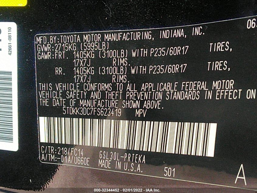 2015 TOYOTA SIENNA LE 5TDKK3DC7FS623419