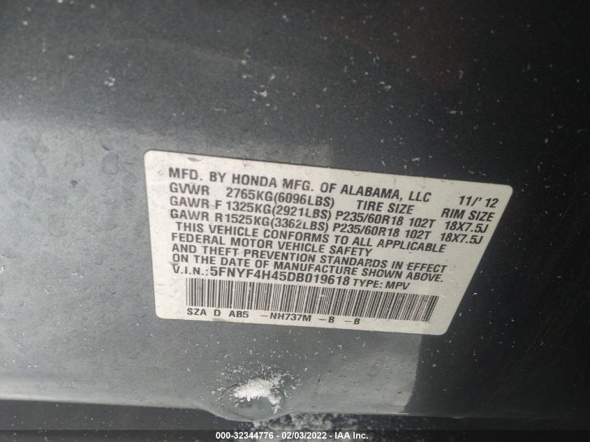 2013 HONDA PILOT EX 5FNYF4H45DB019618
