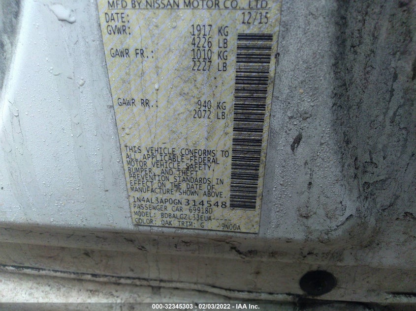 2016 NISSAN ALTIMA VIN: 1N4AL3AP0GN314548