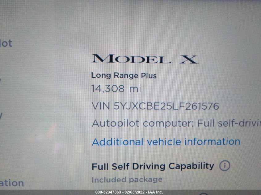 2020 TESLA MODEL X LONG RANGE 5YJXCBE25LF261576