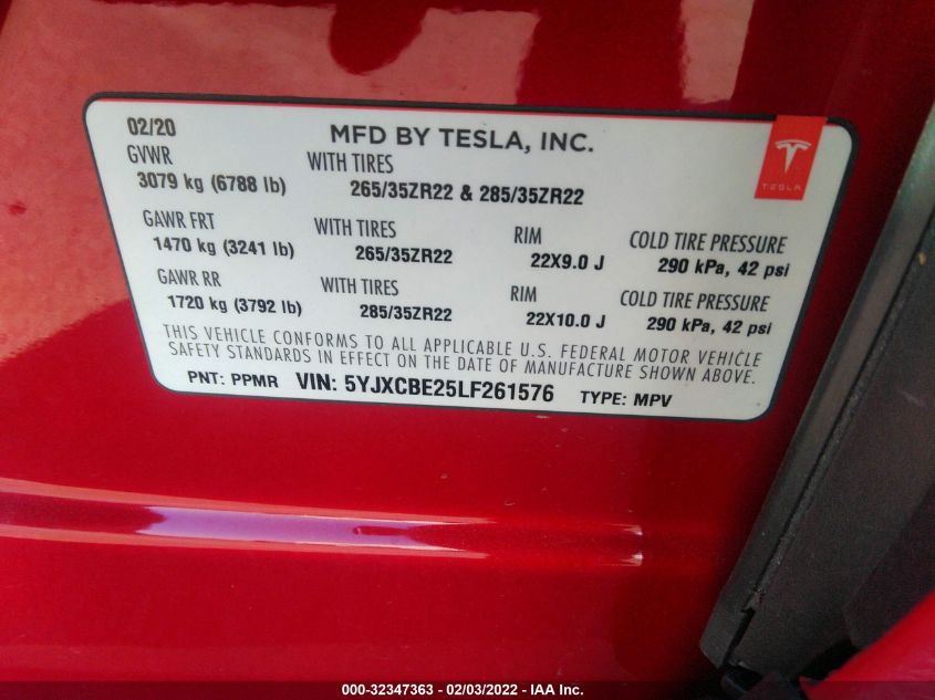 2020 TESLA MODEL X LONG RANGE 5YJXCBE25LF261576