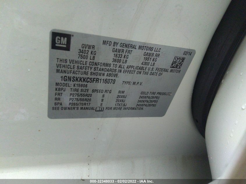 2015 CHEVROLET SUBURBAN LTZ 1GNSKKKC5FR116070