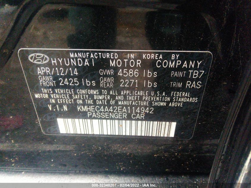 2014 HYUNDAI SONATA HYBRID KMHEC4A42EA114942
