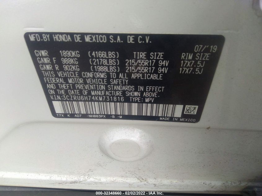 2019 HONDA HR-V EX-L 3CZRU6H74KM731816
