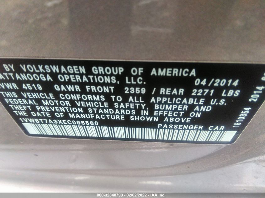 2014 VOLKSWAGEN PASSAT SE W/SUNROOF 1VWBT7A3XEC095560