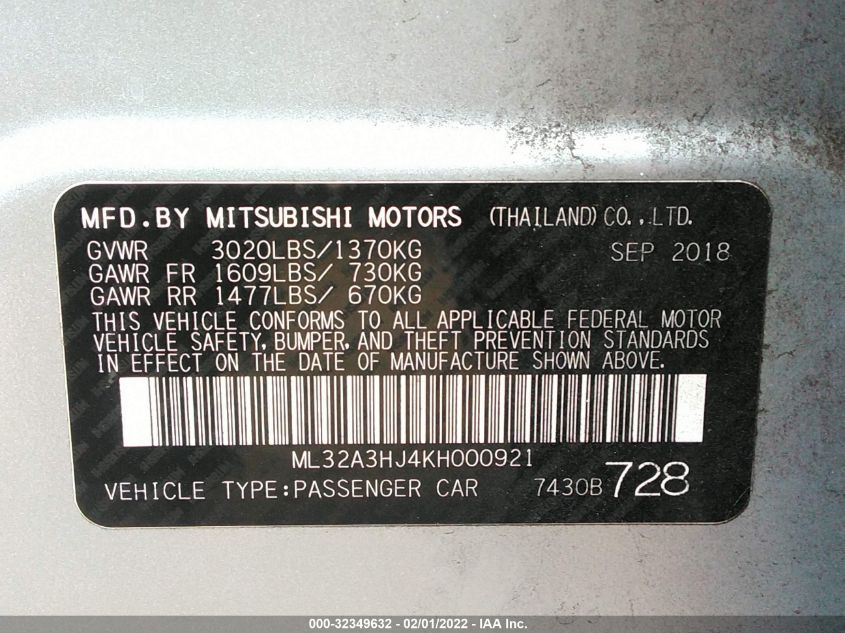 2019 MITSUBISHI MIRAGE ES/RF ML32A3HJ4KH000921