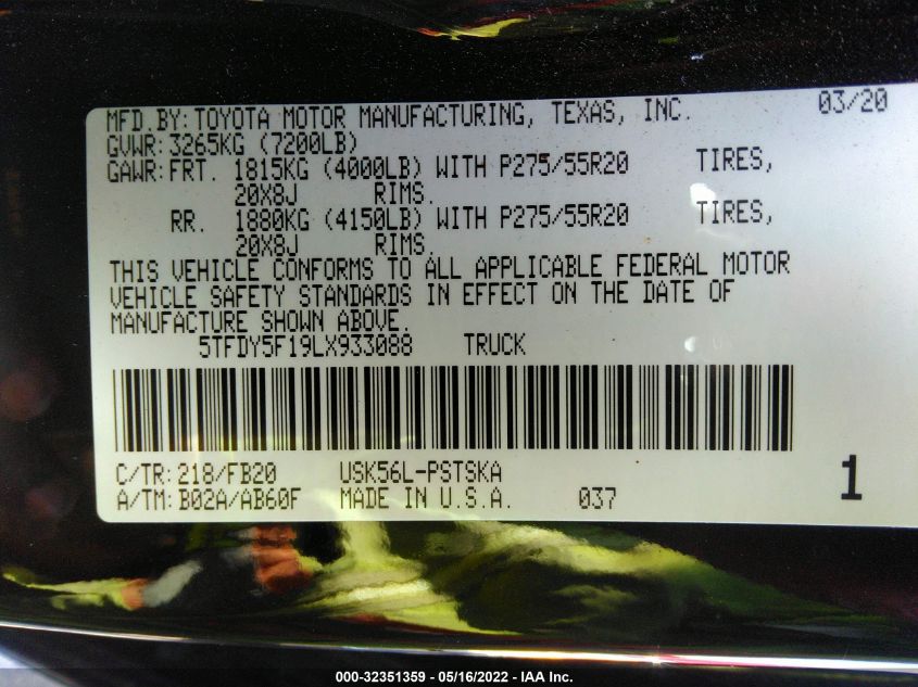 2020 TOYOTA TUNDRA 4WD SR5/TRD PRO 5TFDY5F19LX933088