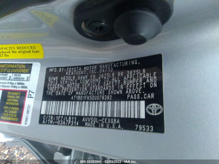 2013 TOYOTA CAMRY HYBRID LE/XLE 4T1BD1FK5DU078392