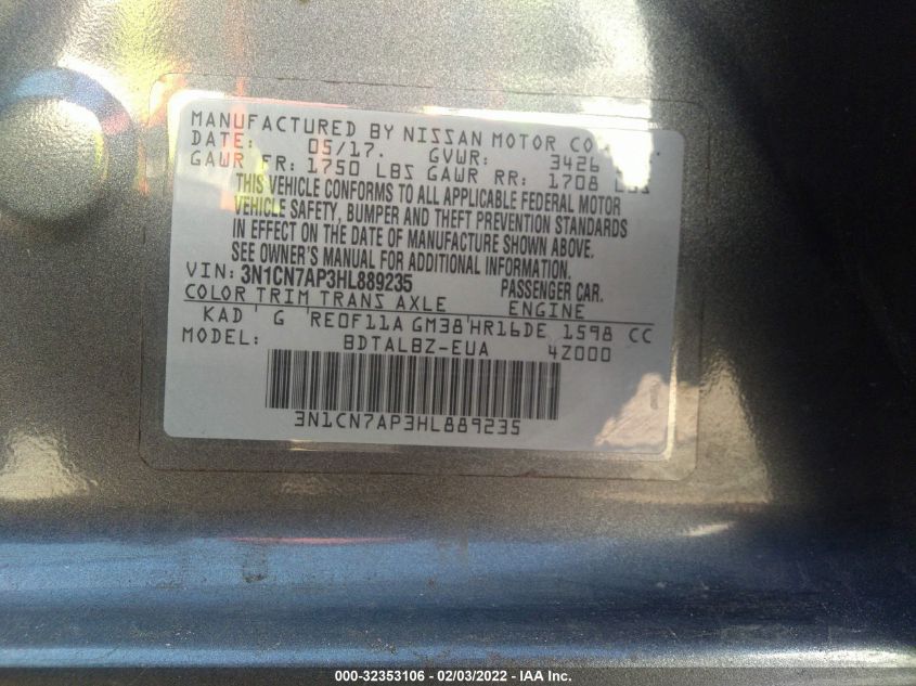 2017 NISSAN VERSA SEDAN SV 3N1CN7AP3HL889235