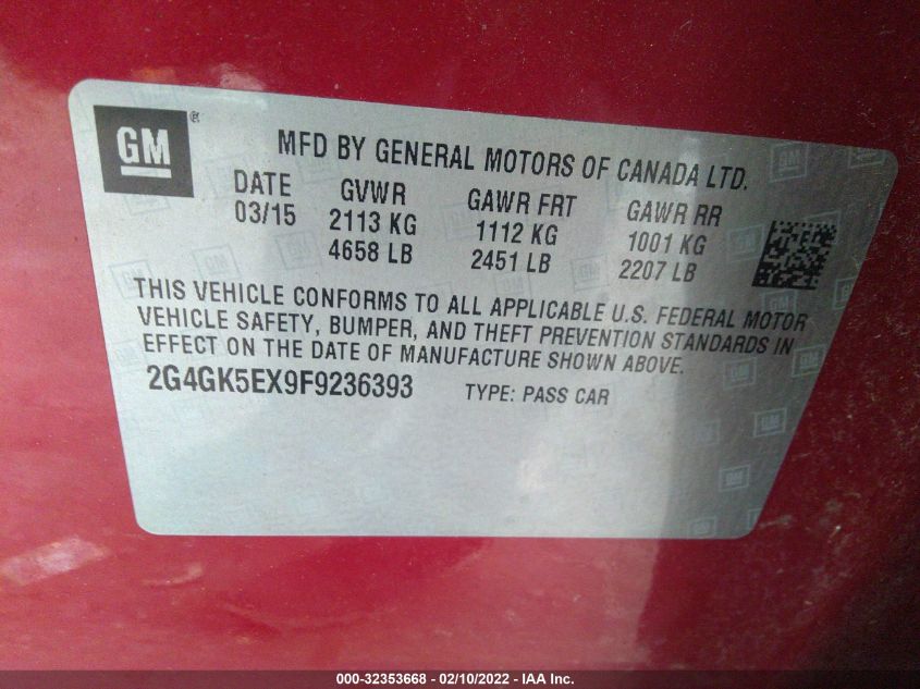 2015 BUICK REGAL 2G4GK5EX9F9236393