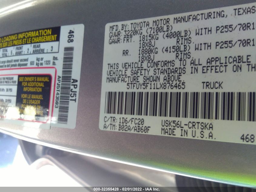 2020 TOYOTA TUNDRA 4WD SR/SR5/TRD PRO 5TFUY5F11LX876465