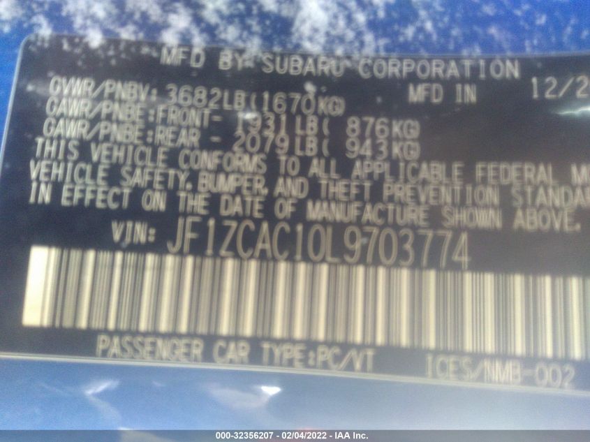 2020 SUBARU BRZ LIMITED JF1ZCAC10L9703774