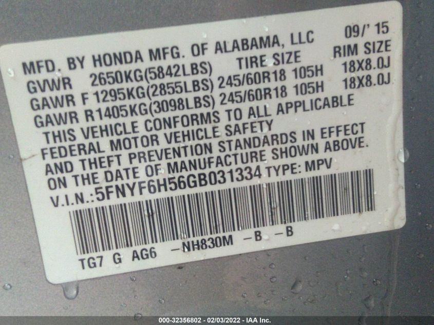 2016 HONDA PILOT EX-L - 5FNYF6H56GB031334