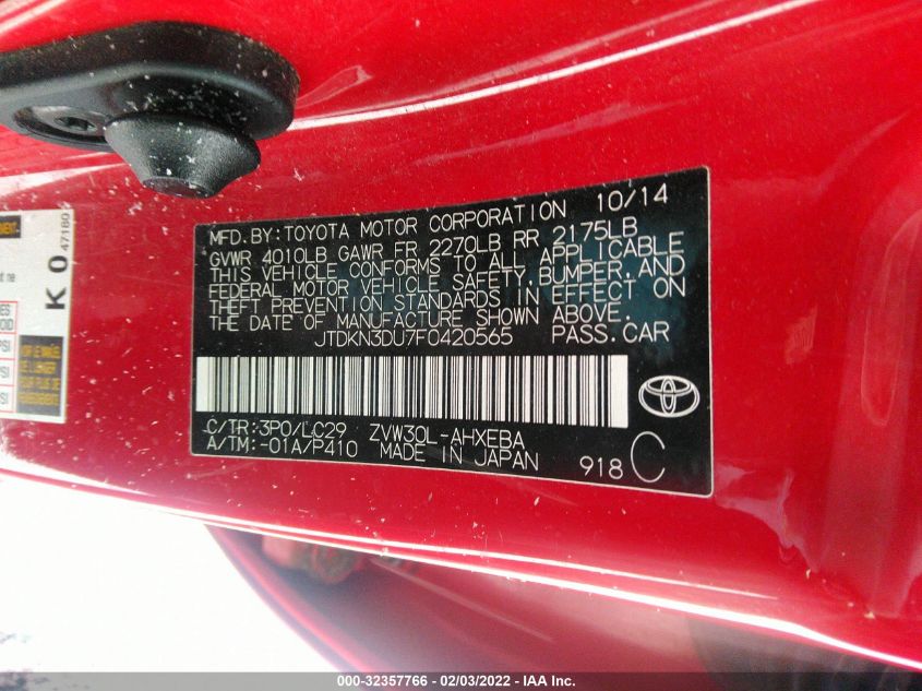 2015 TOYOTA PRIUS FOUR JTDKN3DU7F0420565