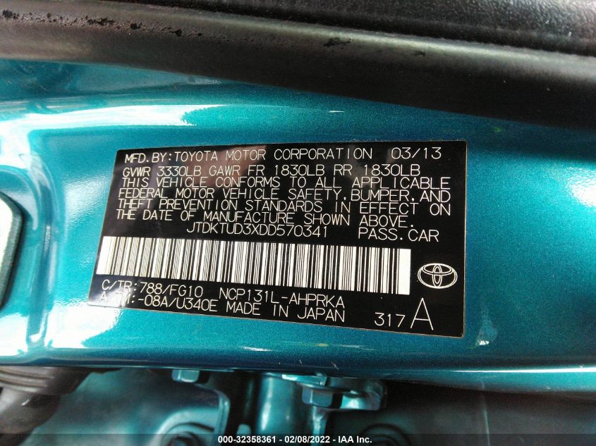 2013 TOYOTA YARIS L/LE/SE JTDKTUD3XDD570341