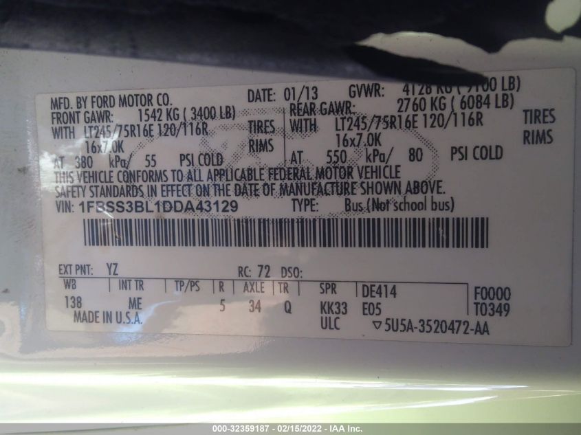 2013 FORD ECONOLINE WAGON XL/XLT 1FBSS3BL1DDA43129