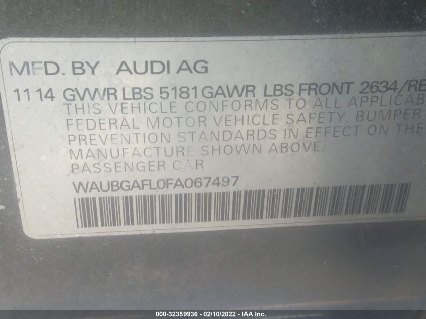 2015 AUDI S4 PREMIUM PLUS WAUBGAFL0FA067497