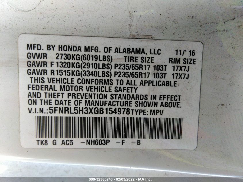 2016 HONDA ODYSSEY SE 5FNRL5H3XGB154978