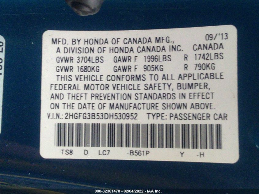 2013 HONDA CIVIC CPE LX 2HGFG3B53DH530952