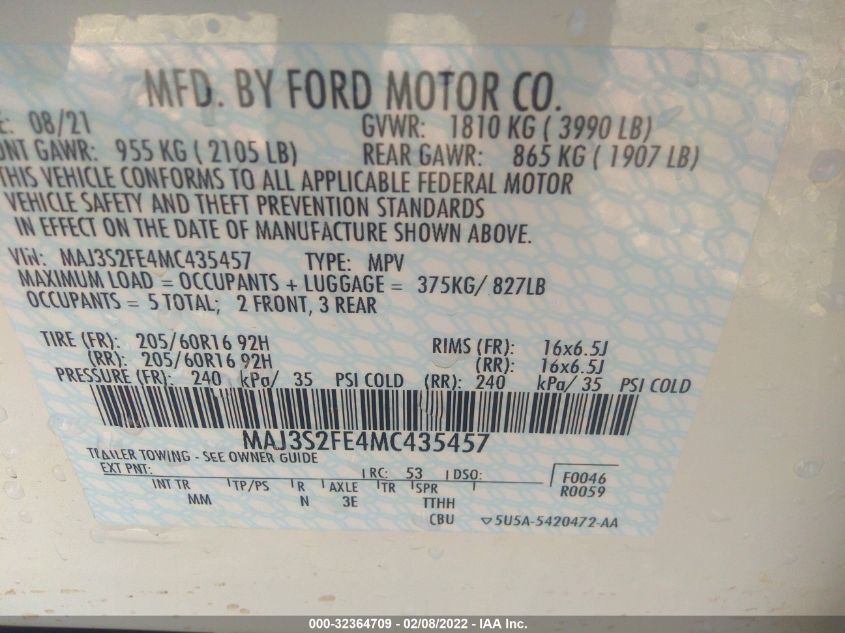 2021 FORD ECOSPORT S MAJ3S2FE4MC435457