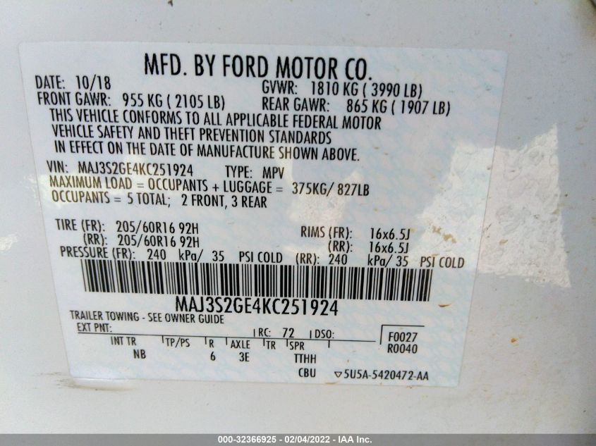 2019 FORD ECOSPORT SE MAJ3S2GE4KC251924
