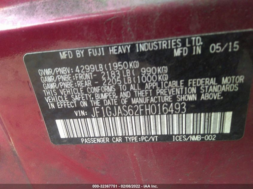 2015 SUBARU IMPREZA SEDAN LIMITED JF1GJAS62FH016493