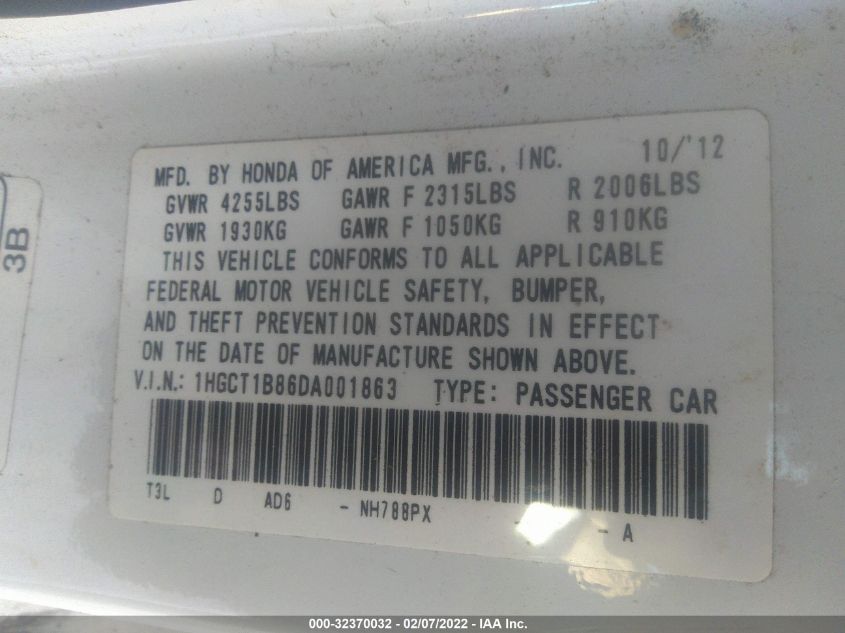 2013 HONDA ACCORD CPE EX-L 1HGCT1B86DA001863