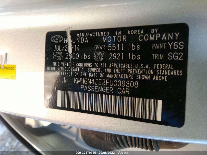 2015 HYUNDAI GENESIS 3.8L KMHGN4JE3FU039308