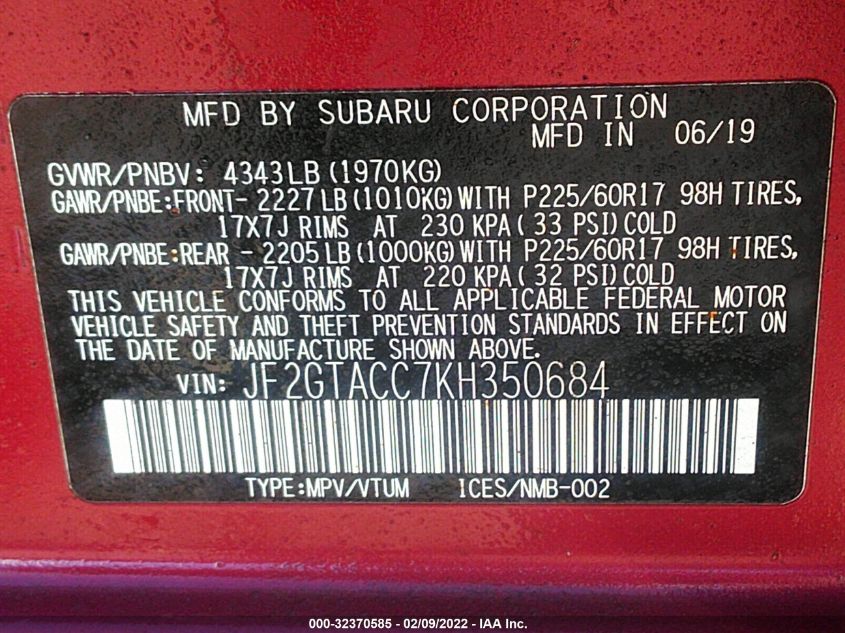 2019 SUBARU CROSSTREK PREMIUM JF2GTACC7KH350684