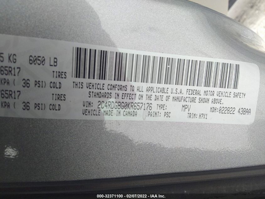 2019 DODGE GRAND CARAVAN SE 2C4RDGBG0KR657176
