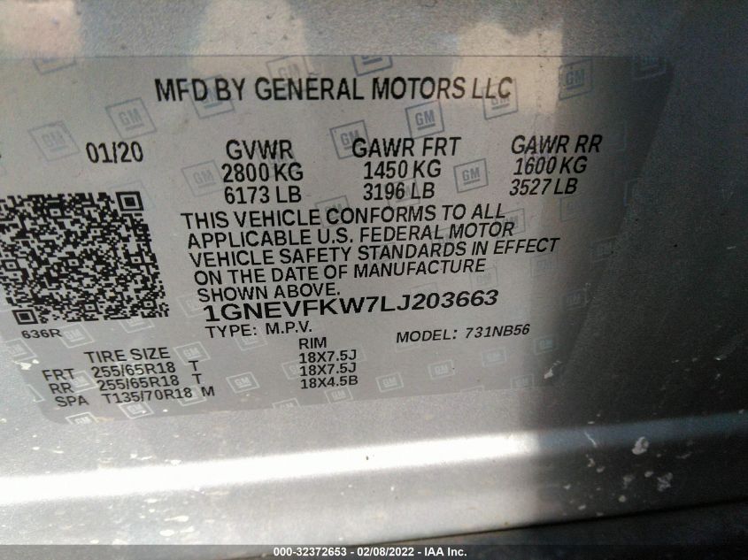 1GNEVFKW7LJ203663 Chevrolet Traverse LS 9