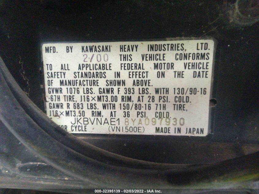 2000 KAWASAKI VN1500 E JKBVNAE18YA097930