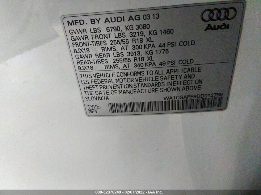 2013 AUDI Q7 3.0T PREMIUM WA1CGAFE9DD012786