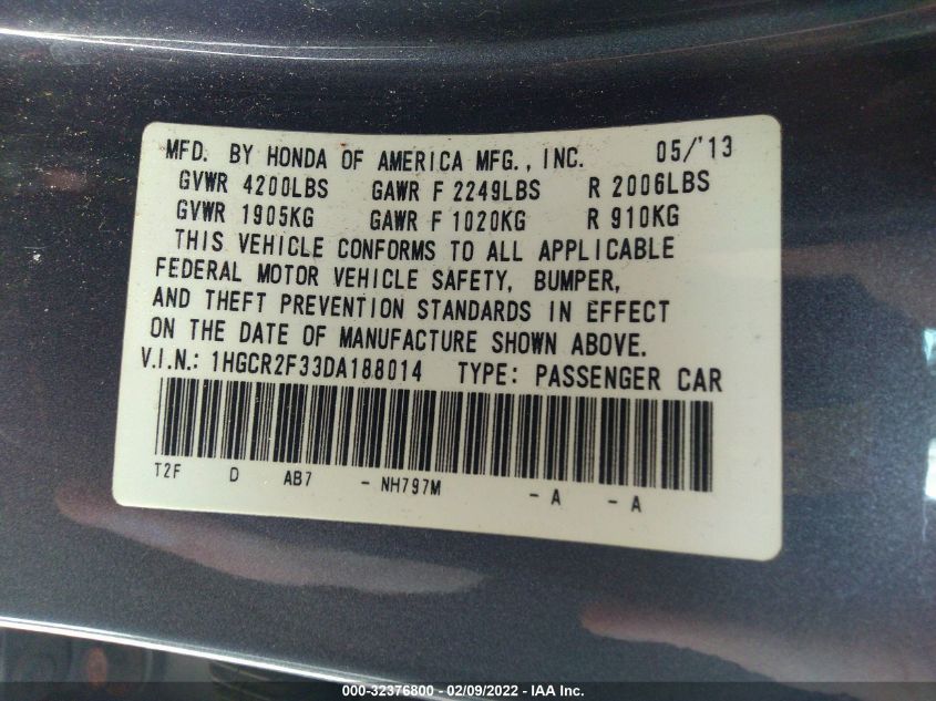 2013 HONDA ACCORD SDN LX 1HGCR2F33DA188014
