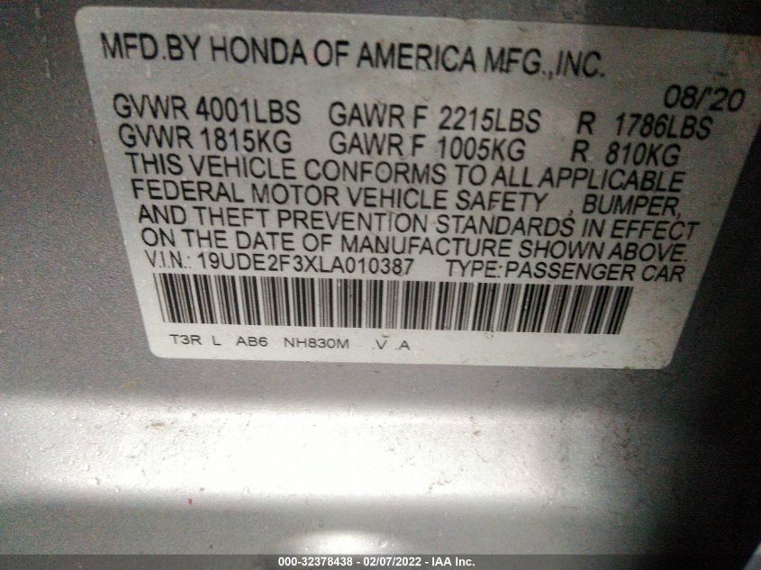 2020 ACURA ILX 19UDE2F3XLA010387