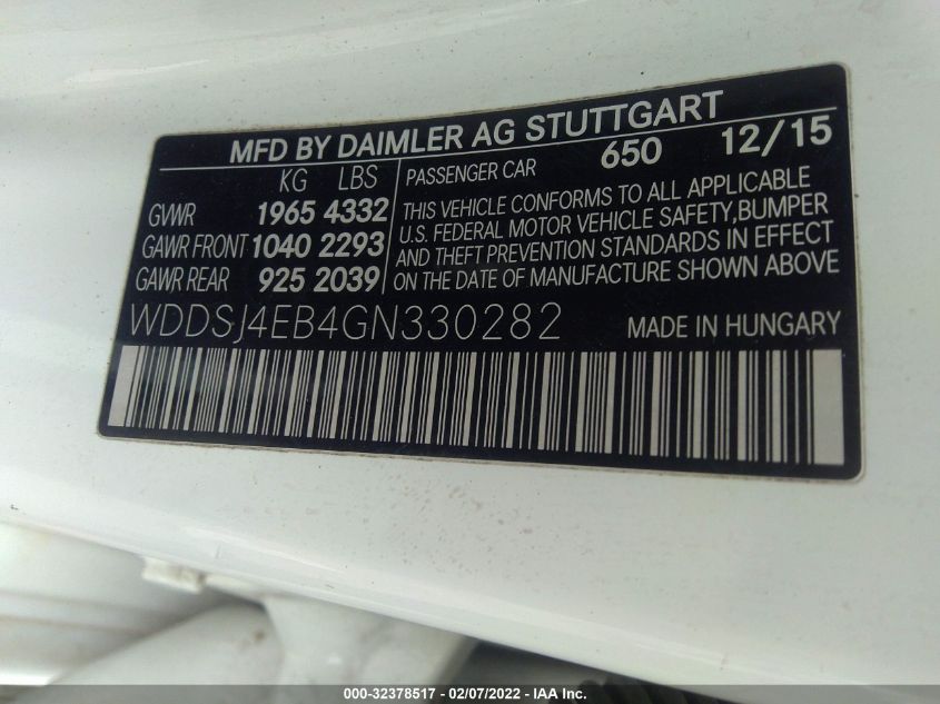 2016 MERCEDES-BENZ CLA CLA 250 WDDSJ4EB4GN330282