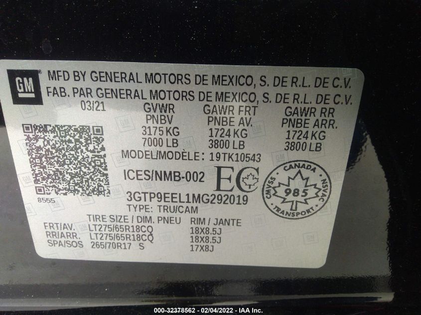 2021 GMC SIERRA 1500 AT4 3GTP9EEL1MG292019