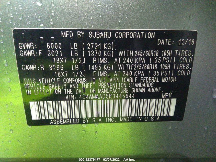 2019 SUBARU ASCENT 4S4WMAAD5K3445644