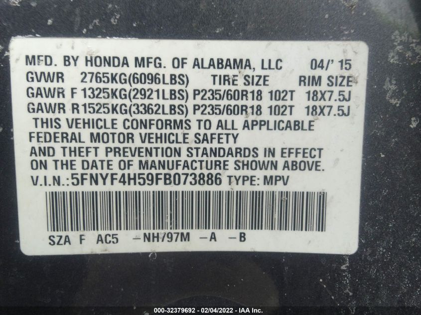 2015 HONDA PILOT EX-L 5FNYF4H59FB073886