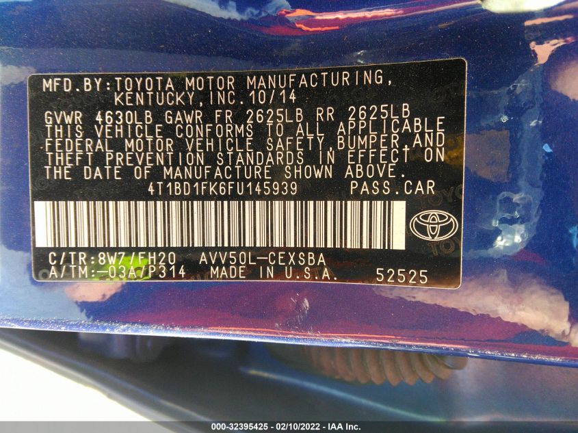 2015 TOYOTA CAMRY HYBRID LE/XLE/SE 4T1BD1FK6FU145939