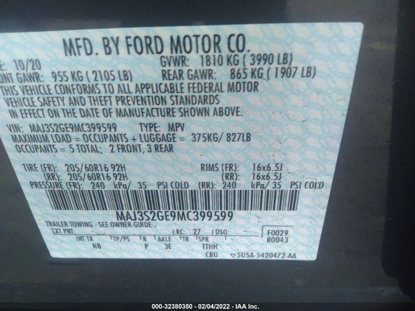 2021 FORD ECOSPORT SE MAJ3S2GE9MC399599
