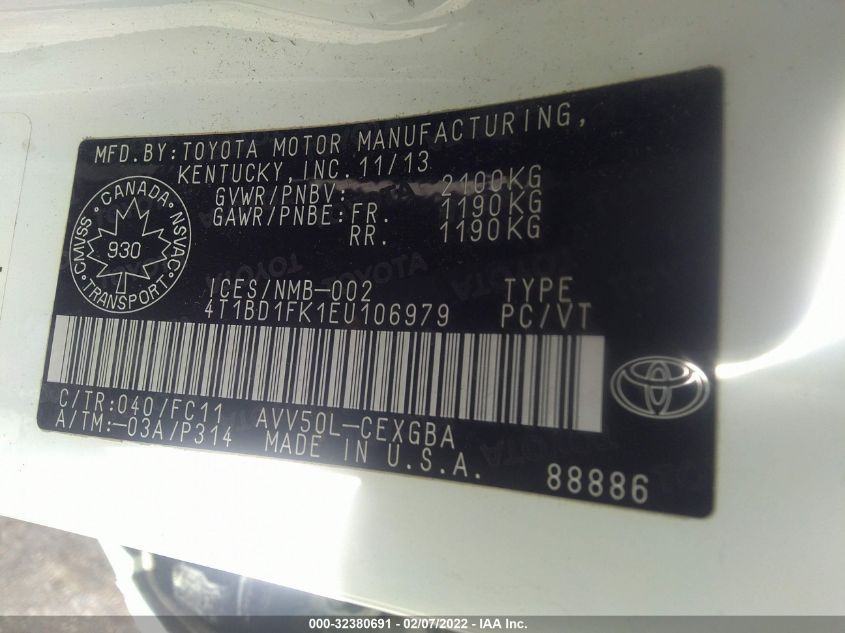 2014 TOYOTA CAMRY HYBRID LE/XLE/SE LIMITED EDITION 4T1BD1FK1EU106979