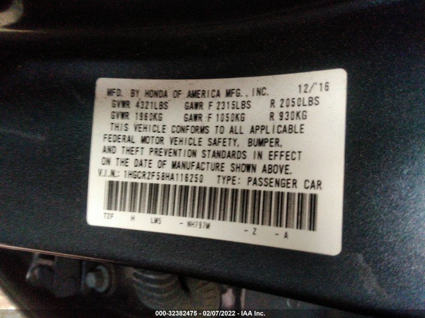 2017 HONDA ACCORD SEDAN SPORT 1HGCR2F58HA116250