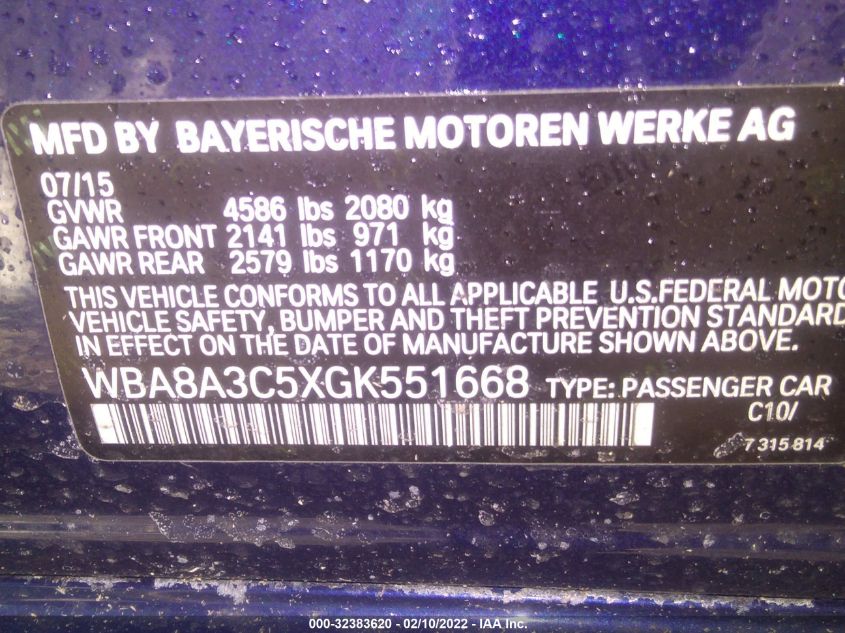 2016 BMW 3 SERIES 320I XDRIVE WBA8A3C5XGK551668
