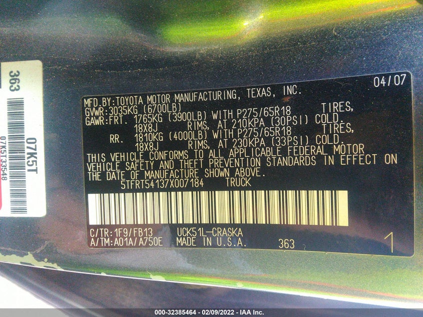 2007 TOYOTA TUNDRA VIN: 5TFRT54137X007184