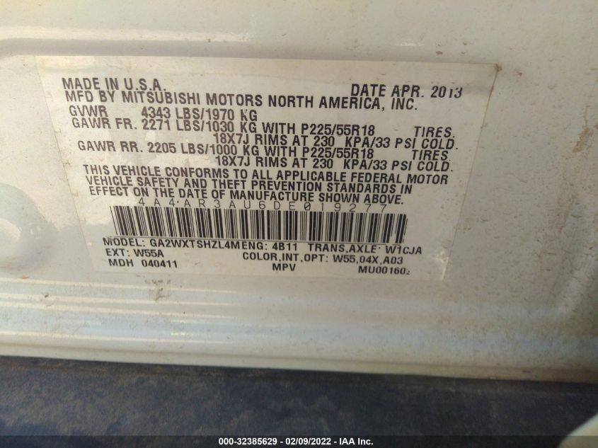 2013 MITSUBISHI OUTLANDER SPORT ES 4A4AR3AU6DE019277