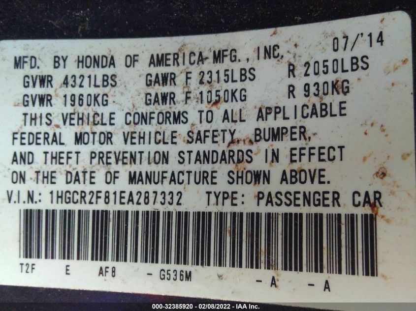 2014 HONDA ACCORD SEDAN EX-L 1HGCR2F81EA287332